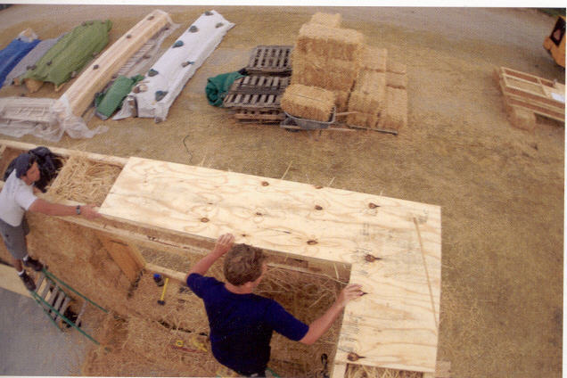 Straw bale home construction -- Roof Bearing Assembly